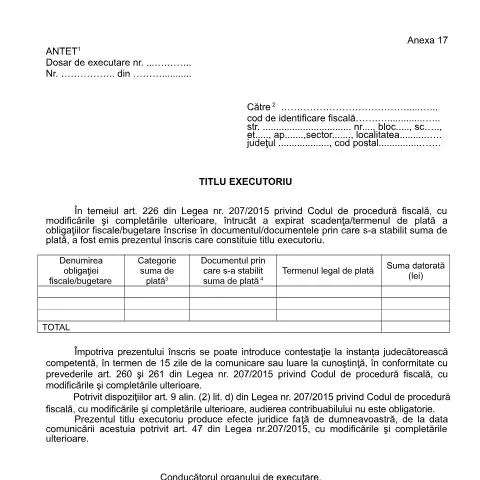 Document preview: Titlu executoriu OPANAF 63/2017: Un instrument esențial în fiscalitate — Formalități administrative (CERFA n°A17_OPANAF_63_2017)