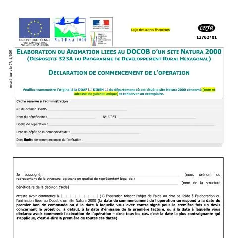 Aperçu du document Déclaration d'opération Docob Natura 2000 : mode d'emploi — Démarches administratives (CERFA n°13762*01)