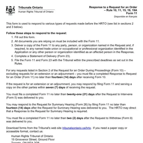 Document preview: Understanding HRTO Form 11 for Responses (English / French) — Legal & justice (Form 11)