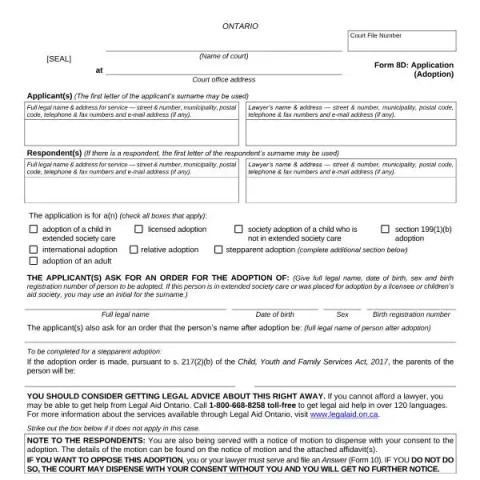 Document preview: Understanding Ontario Court's Form 8D: Adoption Application Process — Legal & justice (FLR 8D)