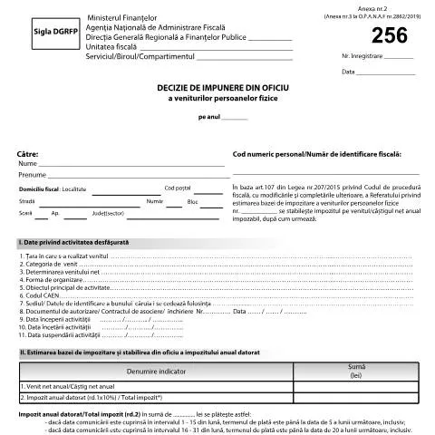 Document preview: Importanța Deciziei de Impunere din Oficiu în România — Impozite & fiscalitate (CERFA n°D256_A6_OPANAF_1251_2021)