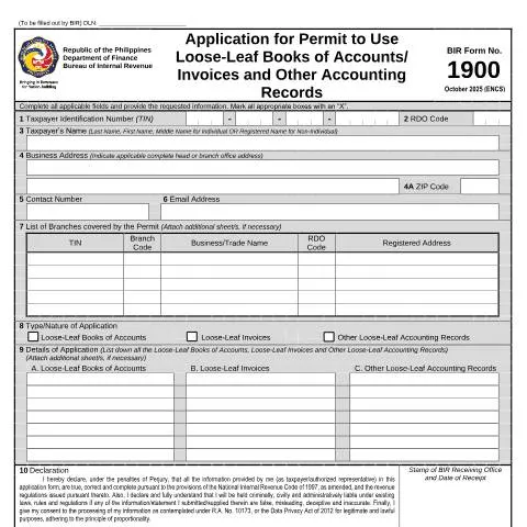 Document preview: Understanding BIR Form No. 1900 for Loose-Leaf Accounting — Taxes (CERFA n°1900)