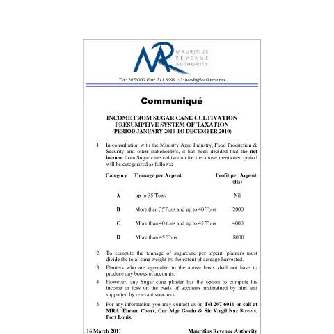 Document preview: Official Notice on Sugarcane Taxation in Mauritius — Taxes (CERFA n°CommuniqueSugarcane16032011.pdf)