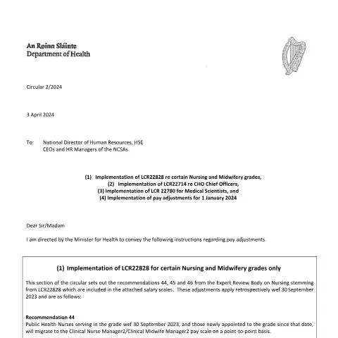 Document preview: Ireland 2024 Public Health Sector Pay Scale Updates — Work & employment (CERFA n°FOR1)