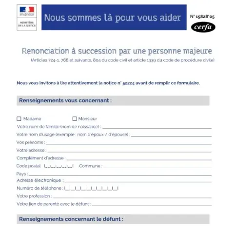 Aperçu du document Formulaire de renonciation à succession par un majeur — Juridique & justice (Cerfa 15828*05)