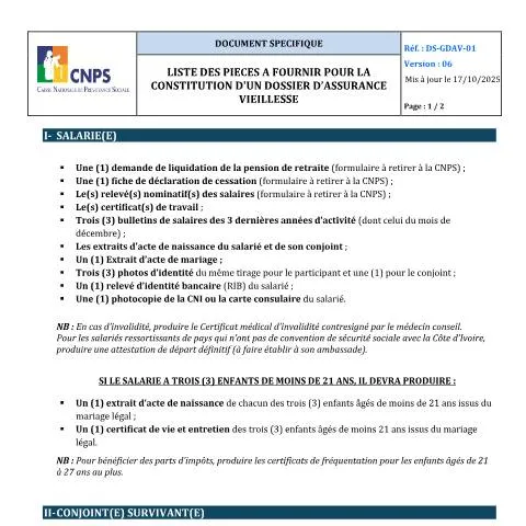 Aperçu du document Constitution d'un dossier d'assurance vieillesse en Côte d'Ivoire — Démarches administratives