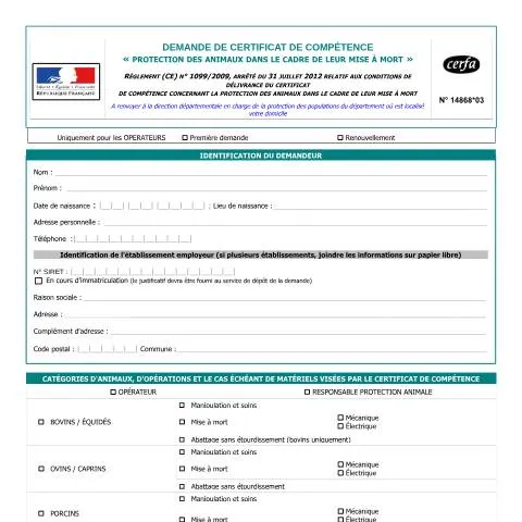 Aperçu du document Demande de certificat de compétence pour l'abattage d'animaux — Santé (CERFA n°14868*03)