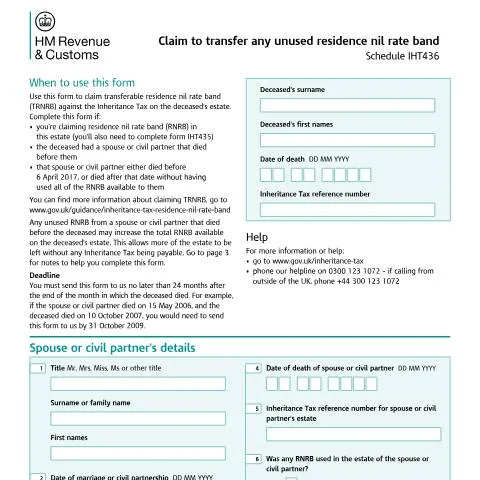 Document preview: How to Complete Form IHT436 for Transferable Inheritance Tax Relief — Taxes