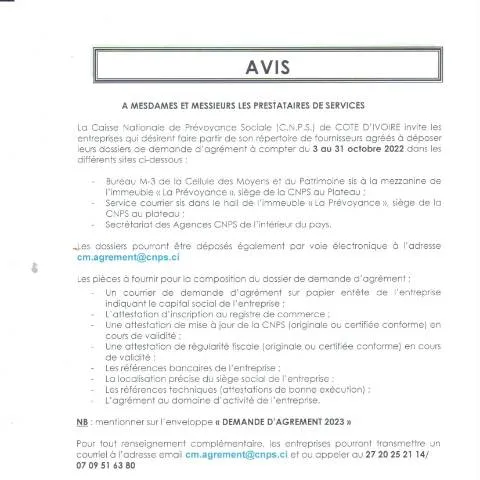 Aperçu du document Invitation aux Prestataires de Services par la CNPS — Démarches administratives
