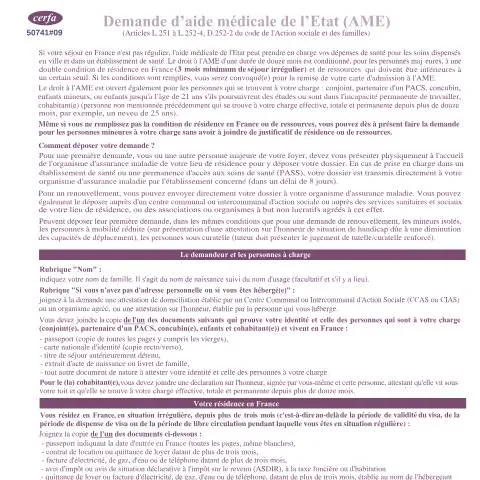 Aperçu du document Formulaire AME : accéder aux soins sans titre de séjour — Aides & prestations sociales (CERFA n°11573*09)