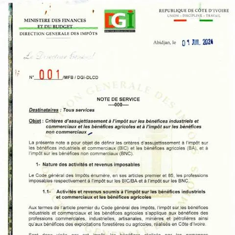 Aperçu du document La note de service 001 0001 et son impact fiscal en Côte d'Ivoire — Démarches administratives