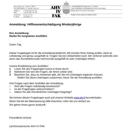Dokumentvorschau: Hilflosenentschädigung für Minderjährige: Anmeldung und Schritte — Rente & Pension (CERFA n°AHV-IV-FAK-FORM-3-10--Anmeldung_Minderjaehrige_Hilflosenentschaedigung)