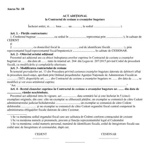 Document preview: Act adițional la contractul de cesiune a creanțelor bugetare în — Impozite & fiscalitate (CERFA n°A18_OPANAF_1940_2023)