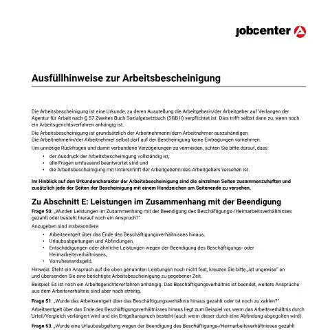 Dokumentvorschau: Wichtige Hinweise zur Arbeitsbescheinigung für Bürgergeld — Behörden & Verwaltung (CERFA n°dok_ba033950)
