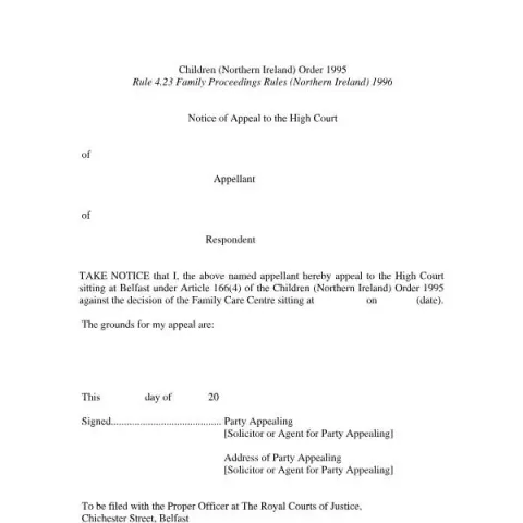 Document preview: Appeal Notice for the High Court in Northern Ireland — Legal & justice