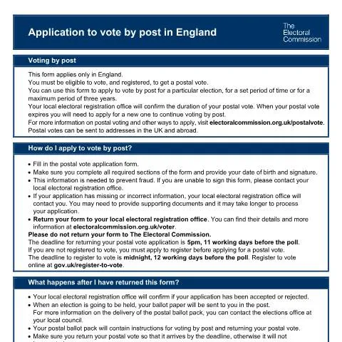 Document preview: UK Postal Vote Application: Complete Paper Form Process — Government & admin