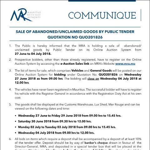 Document preview: Guide to Public Tender for Abandoned Goods Sale — Government & admin (CERFA n°CommuniqueQ26of2018)