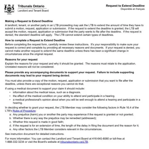 Document preview: Understanding the Request to Extend Deadline Form for Ontario's (English / French) — Housing