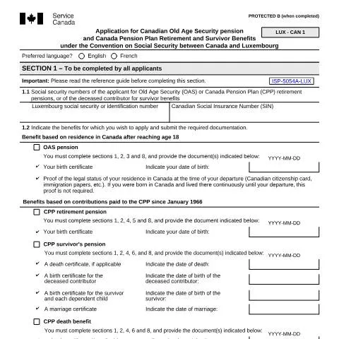 Document preview: Applying for Canadian Benefits under Luxembourg/Canada Convention — Retirement & pension (CERFA n°ISP5054-LUX)