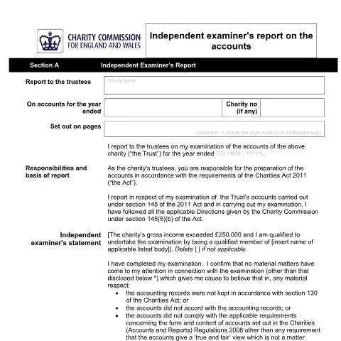 Document preview: UK Charity Independent Examiner's Report Template Requirements — Government & admin