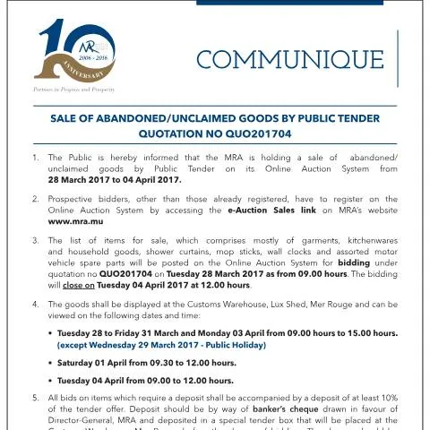 Document preview: Guide to Bidding on Abandoned Goods in Mauritius — Government & admin (Qu04of2017)