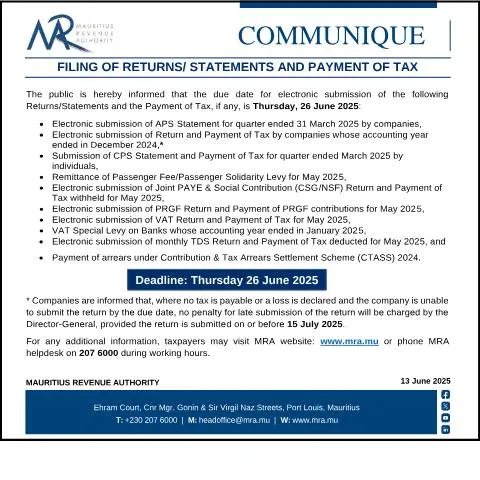 Document preview: Your Guide to Filing Returns and Tax Payments in Mauritius — Taxes (Communique260625)