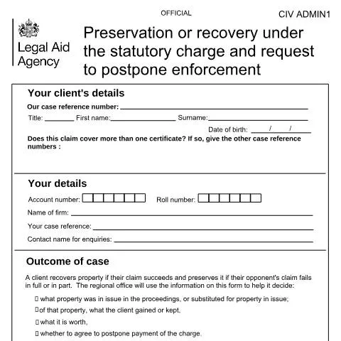 Document preview: Understanding CIV ADMIN1: Statutory Charge Claims on Recovered — Legal & justice