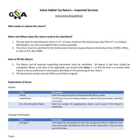 Document preview: Guide to VATIS Return for Imported Services in Guyana — Taxes