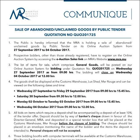 Document preview: Understanding the Public Tender for Abandoned Goods — Government & admin (CommuniqueQ25of2017)