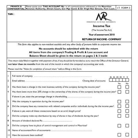Document preview: The Importance of I.T Form 3 in Mauritius Corporate Taxation — Government & admin (ReturnIT03_2010)