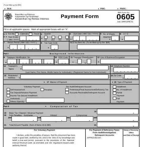Document preview: Understanding BIR Form No. 0605 for Tax Payments — Government & admin (CERFA n°0605)