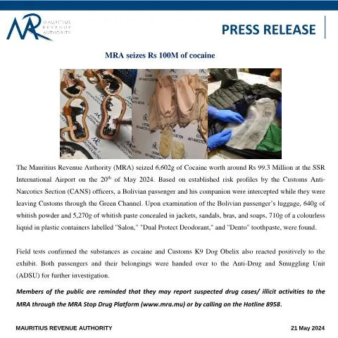 Document preview: MRA's Major Cocaine Seizure at SSR International Airport — Government & admin (PressRelease210524)