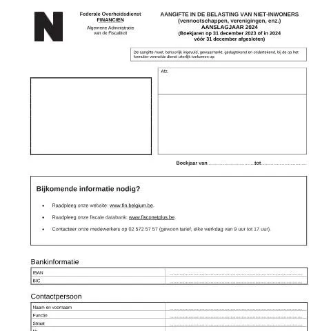 Aperçu du document Comprendre l'Aangifte BNI pour les sociétés non-résidentes en 2024 — Impôts & fiscalité (CERFA n°121-aangifte-bni-ven-2024)