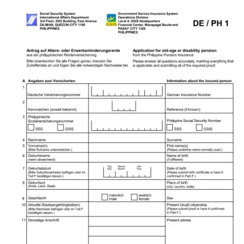 Dokumentvorschau: Antrag auf Rentenleistungen aus den Philippinen (Deutsch / Englisch) — Rente & Pension (A7620)