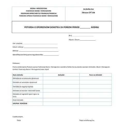 Document preview: Važnost Potvrde o oporezivom dohotku u Bosni i Hercegovini — Porezi i fiskalnost (CERFA n°Obrazac CPT-106)