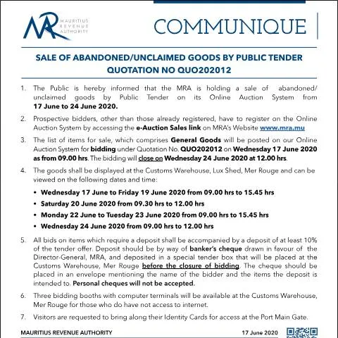 Document preview: Understanding the Auction of Abandoned Goods in Mauritius — Government & admin (Communique170620)