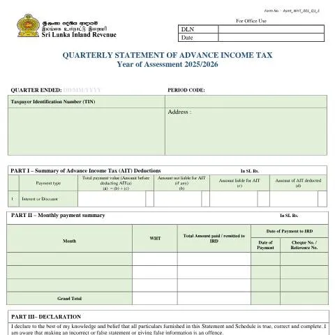 Document preview: Understanding Sri Lanka's Advance Income Tax Statement — Taxes (CERFA n°Asmt_WHT_001_Q1)