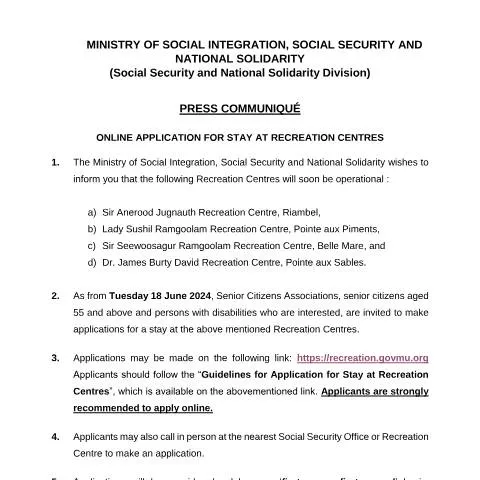 Document preview: Online Application Process for Recreation Centres in Mauritius — Government & admin (CERFA n°Press-Communique-ONLINE-APPLICATION-FOR-STAY-AT-RECREATION-CENTRES)