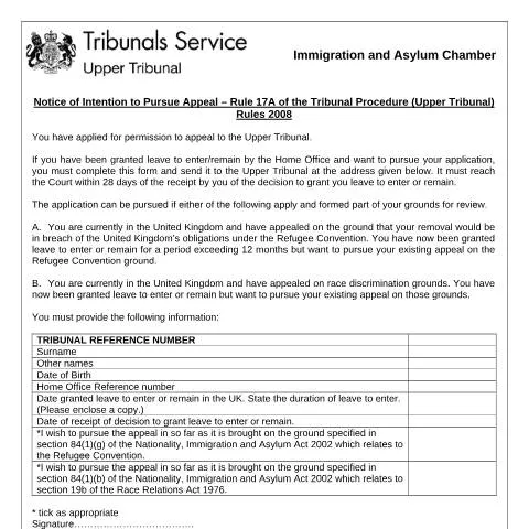 Document preview: Notice of Intention to Pursue Appeal: Strategic Immigration Decisions — Legal & justice