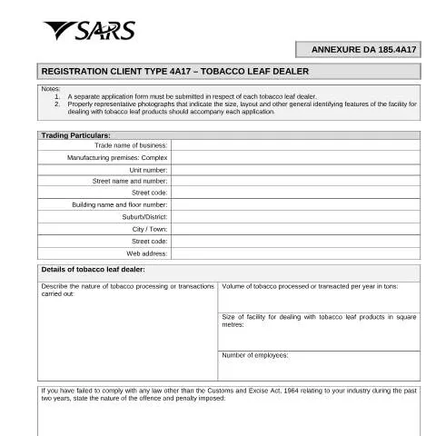 Document preview: Guide to Completing the DA 185 4A17 for Tobacco Dealers — Government & admin (CERFA n°DA 185 4A17)