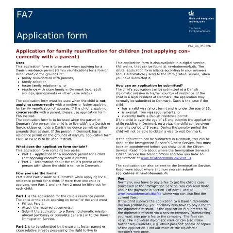 Document preview: Familiesammenføring for mindreårige børn med FA7 — Immigration & visa (CERFA n°FA7)