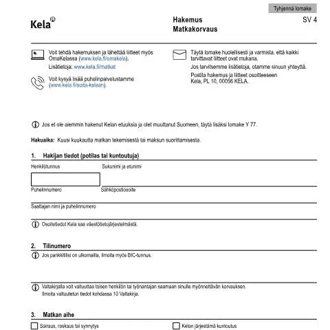 Document preview: Matkakorvauksen hakeminen Kela SV 4 lomakkeella — Terveys (CERFA n°Kela SV 4)