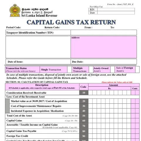 Document preview: Understanding the Capital Gains Tax Return Form in Sri Lanka — Taxes (CERFA n°Asmt_CGT_001)