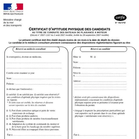 Aperçu du document Examen médical obligatoire pour l'obtention du permis bateau — Santé (CERFA n°14673*01)