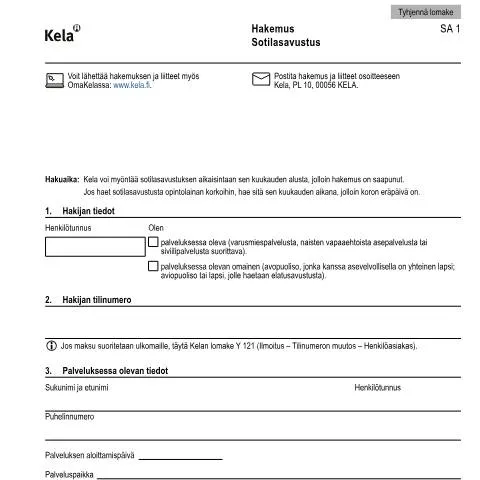 Document preview: Sotilasavustushakemuksen merkitys ja täyttöohjeet — Työ & työllisyys (CERFA n°Kela SA 1)