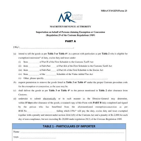 Document preview: Understanding MRA-CUS-GEN-FORM23 for Import Exemptions — Customs & trade (CERFA n°MRA-CUS-GEN-FORM23)