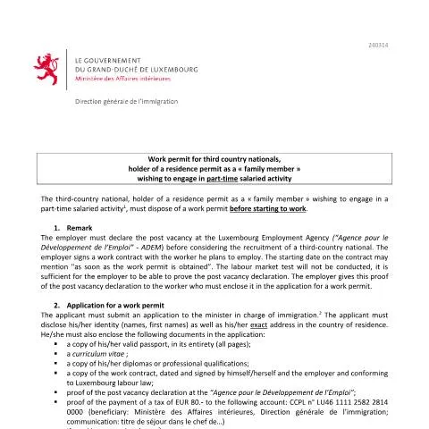 Aperçu du document Guide sur le permis de travail pour les membres de la famille au — Famille (CERFA n°regroupement-familial-travail-note)