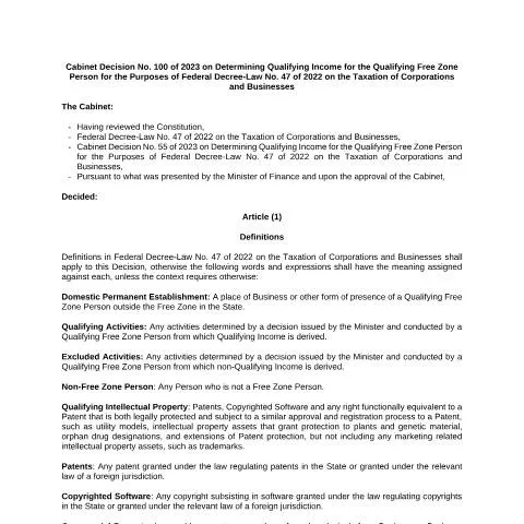 Document preview: Understanding Qualifying Income for Free Zone Entities in the UAE — Taxes (CERFA n°Cabinet Decision No (100) of 2023)