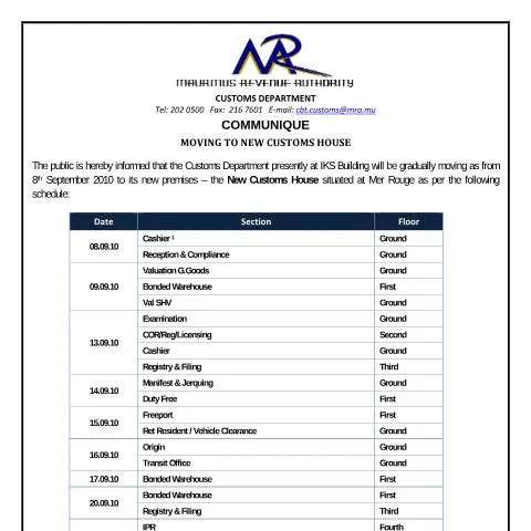 Document preview: Mauritius Customs Department Transition to New Customs House — Government & admin (CERFA n°CommuniqueIKS2NCH)