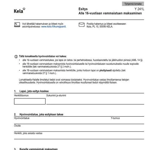 Document preview: Vammaistuen hakeminen alle 16-vuotiaille lapsille — Tuet & sosiaalietuudet (CERFA n°Kela Y 241L)